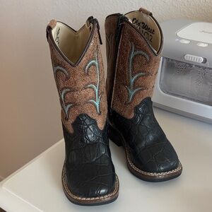 Old West Brown and Black Kids Cowboy Boots with Turquoise Stitching